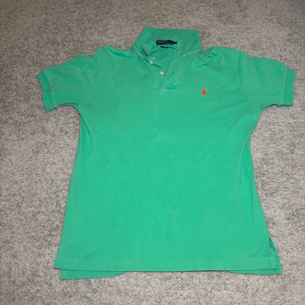 Polo Ralph Lauren Men Green Pique Cotton Short Sleeve Polo Shirt Red Pony Size M